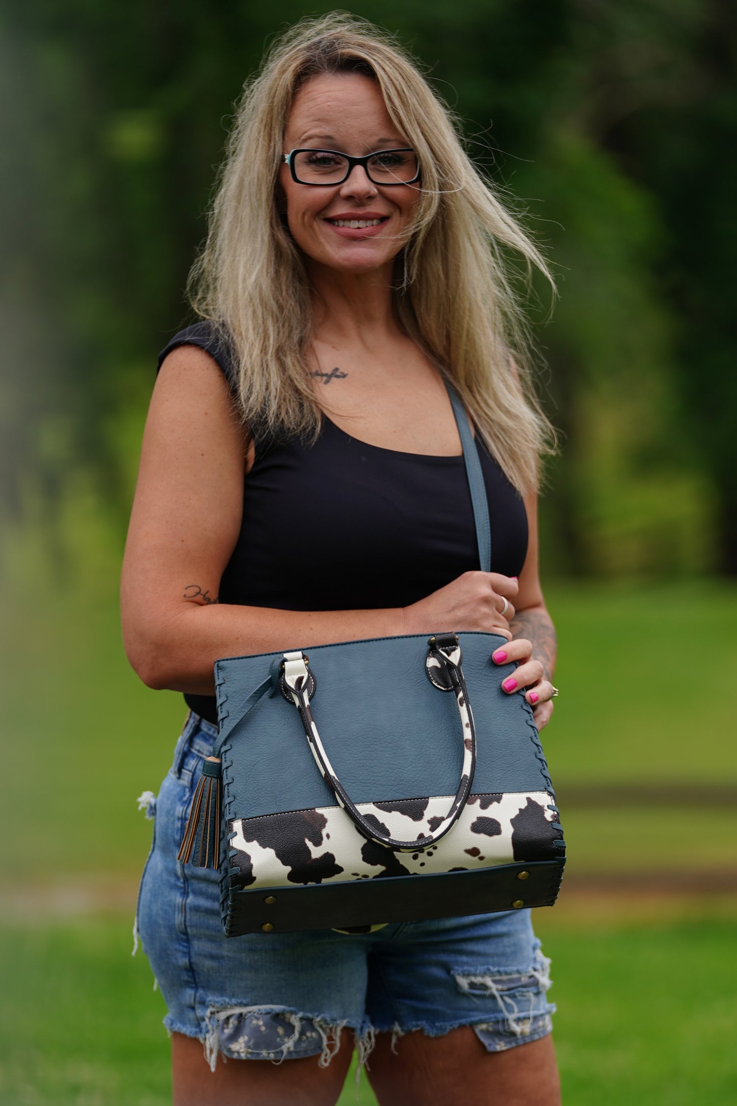 Montana Concealed Carry Lock and Key Whipstitch Cow Print Satchel Bag with Tassel